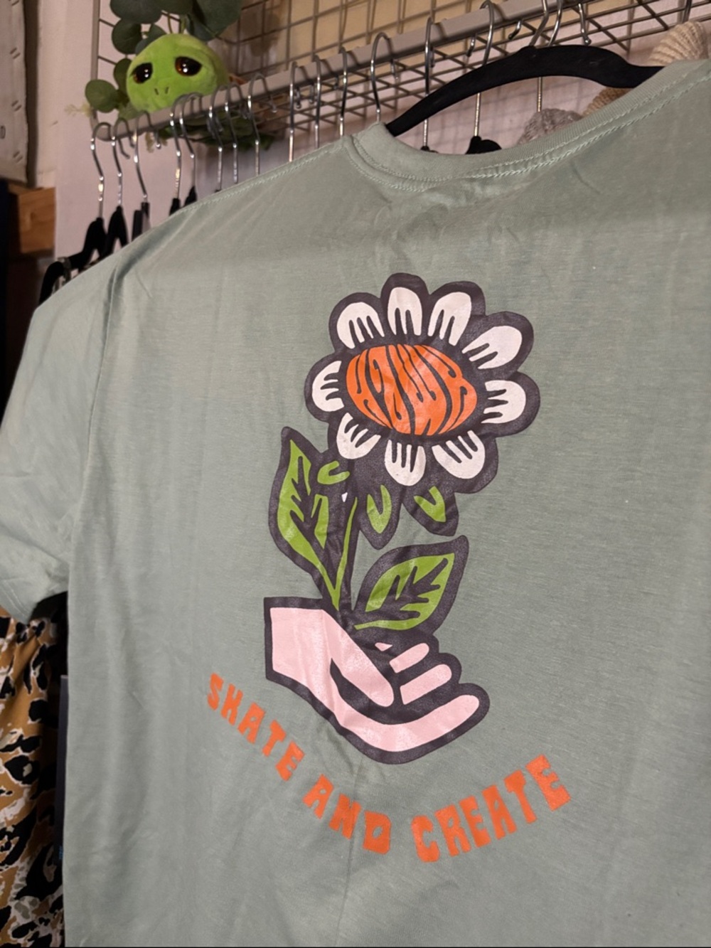 Sage Green Tee with Small Daisy Embroidery
